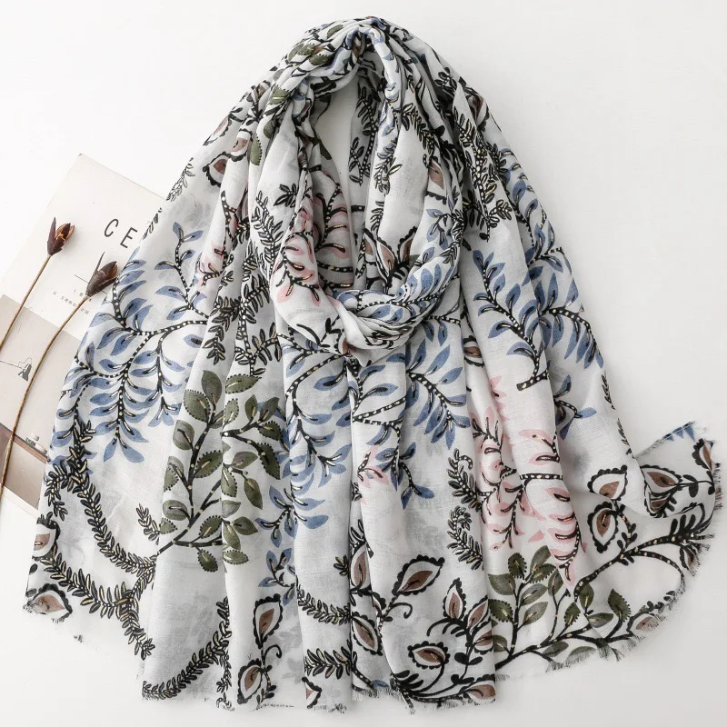 Lurex Glitter Branch Floral Fringe Viscose Scarf Lady Print Soft Cotton Shawls and Wraps Pashmina Muslim Hijab Sjaal 180*90Cm