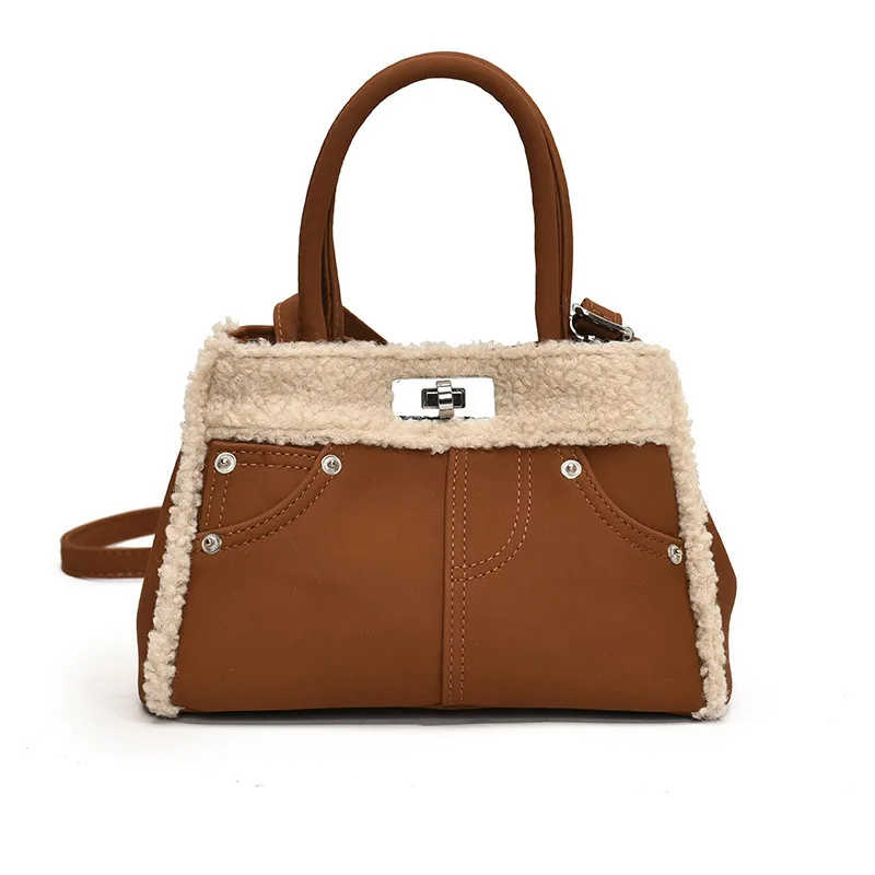 

Versatile Lamb Plush Handbag Hand-held Bag Women's 2024 New High-end Single Shoulder Crossbody Small Square Bag Women's Handbag
