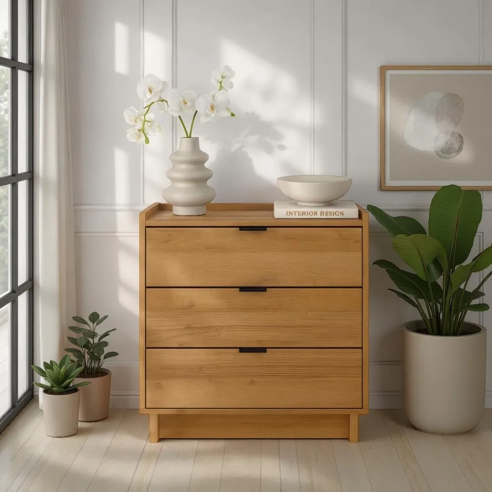 منضدة حديثة بسيطة من خشب البلوط الطبيعي، طاولة جانبية لغرفة النوم مع 3 أدراج، الأبعاد 26.5 عرض × 26.75 ارتفاع