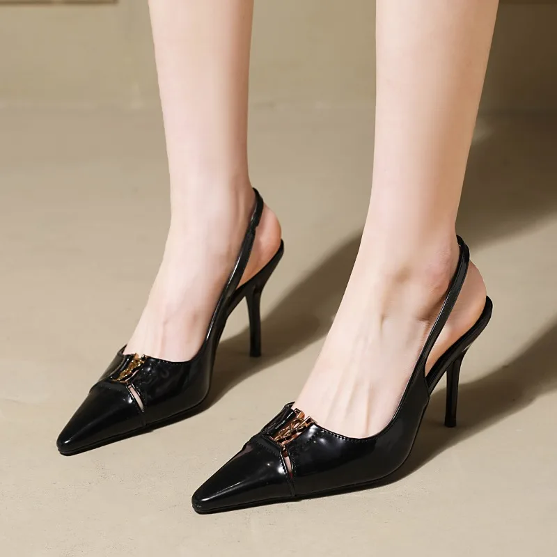 Spring and summer new sexy stylish high-heeled sandals with metal buckle open toe, elegant thin heels and back straps for women