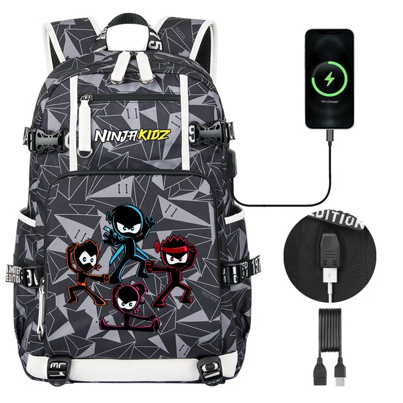 Imagem -05 - Ninja Kidz Alta Capacidade Bolsa de Escola da Menina do Menino dos Desenhos Animados Impressão Crianças Estudante Mochila Escola Usb Ombros Bolsa Ombros Mulher