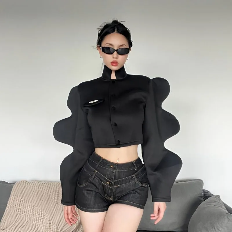 

Прохладный функциональный ветер, трехмерная волна, черная куртка с длинными рукавами, женский дизайн, короткий узкий топ с пупком, изысканный