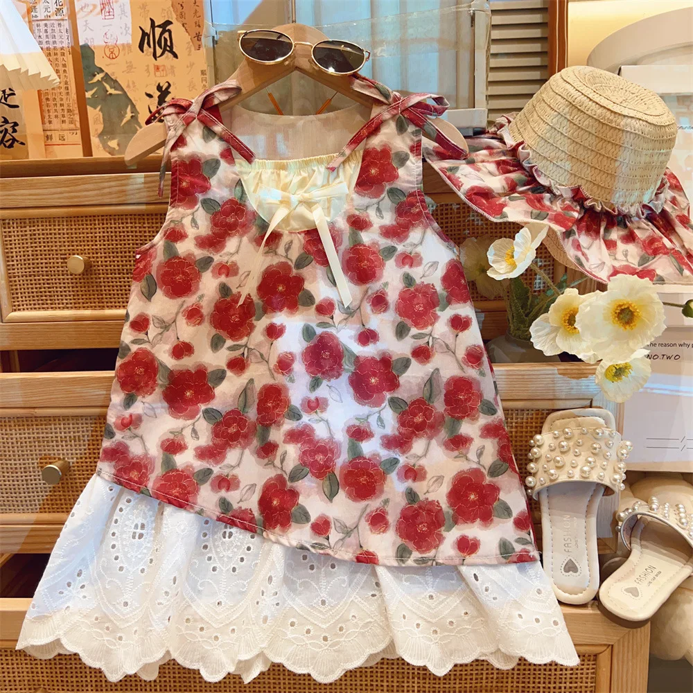 Baby Girl Dress Summer Red Flower Girl Vacation Dress Cute Beach Princess Dress With Hat