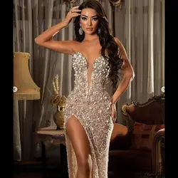 Sexy Luxury Strapless Pearls Evening Dress New Fashion Female Formal Banquet Party Prom Gowns robes de soirée