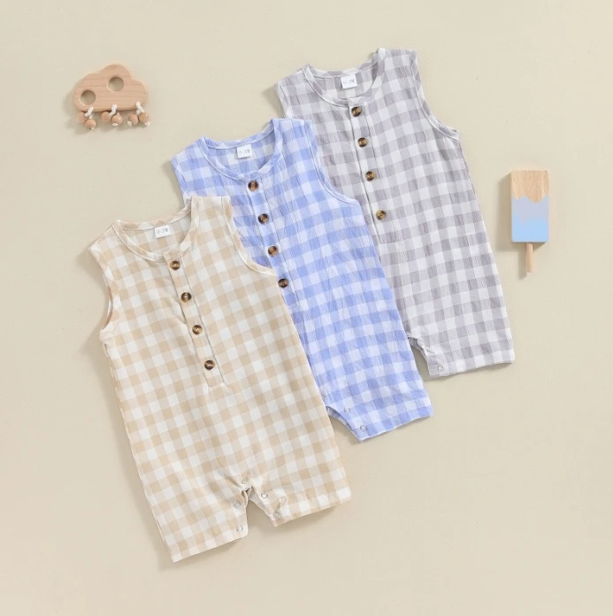 

Baby Boys Summer Casual Romper Short Sleeve Crew Neck Plaid Print Button Up Jumpsuit Loose Checkered Baby Playsuits Outfits