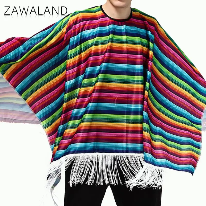 Zawaland Mexican Cape Carnival Dance Party Cosplay Costume Colorful Striped Cloak Men Holiday Outfit Wear Adult Funny Clothes