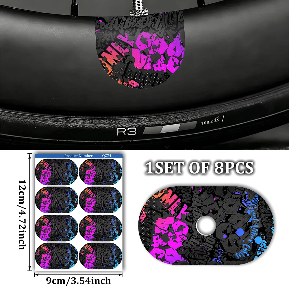 8PCS Pink Black Graffiti Letter Bike Valve Sticker Waterproof Vinyl Wheel Decal Bicycle Rim Decoration Accessories