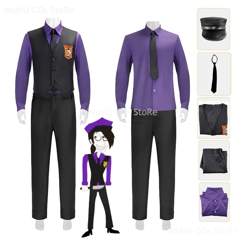 

Фиолетовый костюм для косплея Guy William Afton Fnaf Five Nights, шляпа из фильма, рубашка, жилет, брюки для взрослых, мужской костюм для ролевых игр на Хэллоуин