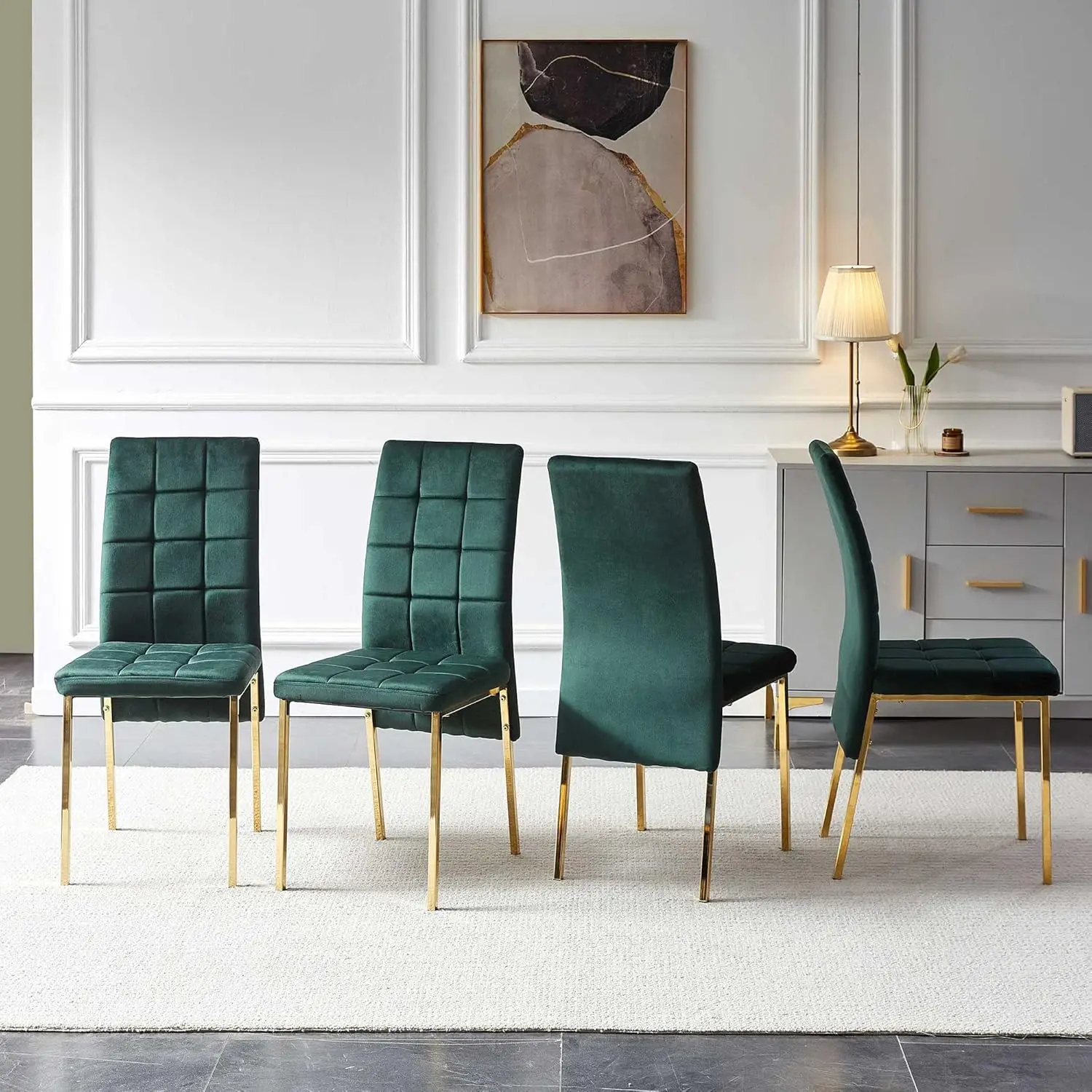 Forest Green Velvet Dining Chairs with Golden Metal Legs, Dovetail Tufted for Kitchen