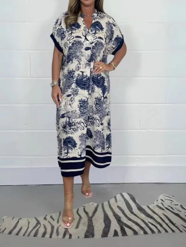 2025 New Fashion Animal Print Casual Dress Women's V-neck Pullover Ankle-length Skirt Loose Elegant Spring Summer One-step Dress