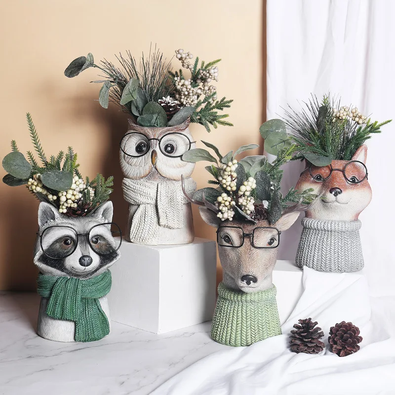 Animal with Glasses Flower Vase Cute Owl Deer Fox Raccoon Resin Flowers Pots Desk Ornament Garden Flowerpot Sculpture Craft