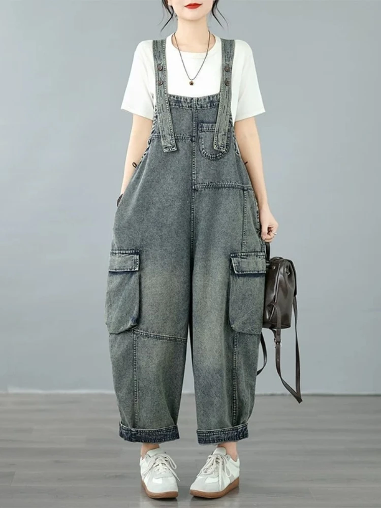 Overalls Women New Summer Casual Plus Curvy Retro Loose Slimming Versatile Fashion Denim Cropped Ankle Trendy Jumpsuit Chic