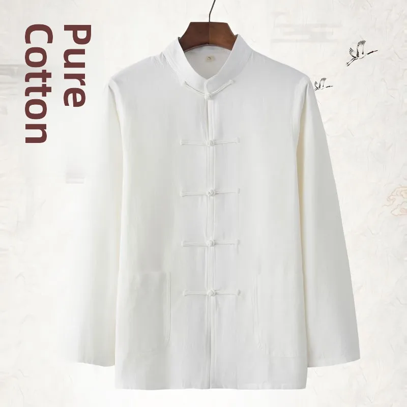 

Мужская рубашка из чистого хлопка в китайском стиле, ретро-ханьфу, буддийская одежда, многокарманная, с воротником, этническая мода