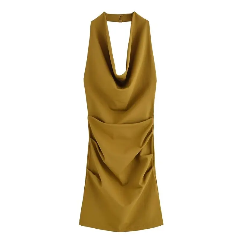 2025年夏新作 レディースワンピース クランプル ホルターネック ノースリーブ バックレス ショート丈 エレガントスタイル