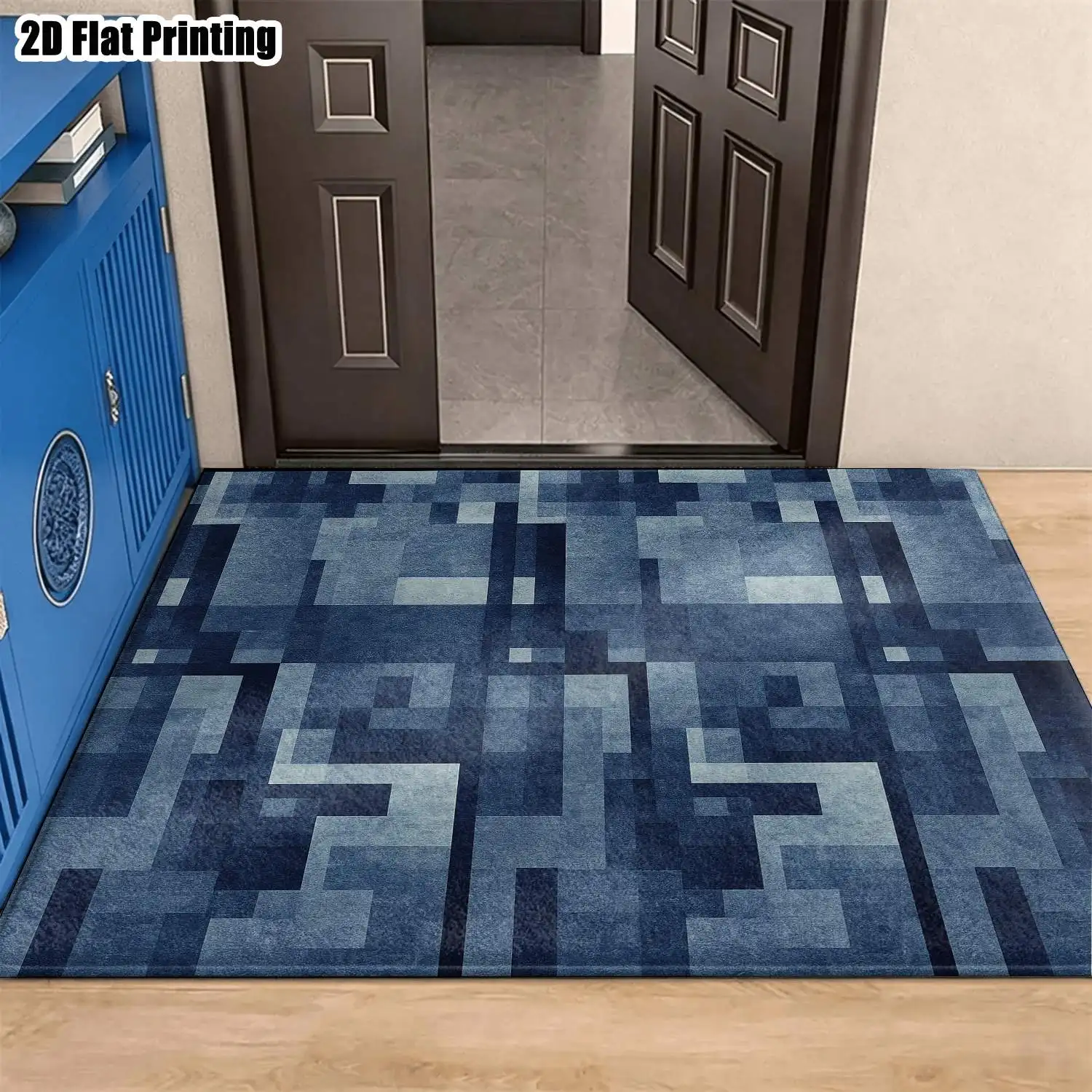 1Pc 2D Printed Carpet: Blue-Grey Geometric Square Pattern, Nordic/Modern Minimalist/Instagram/European Style, Home Decor, Multi-Size, Machine Washable, for Entrance, Living Room, Bedroom, Dining Room, Study