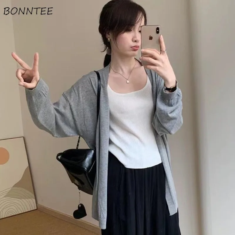 

Solid Cardigan Women Long Sleeve Loose Basic All-match Thin Spring Autumn Coats Chic Simple Knitting Female Korean Style Daily