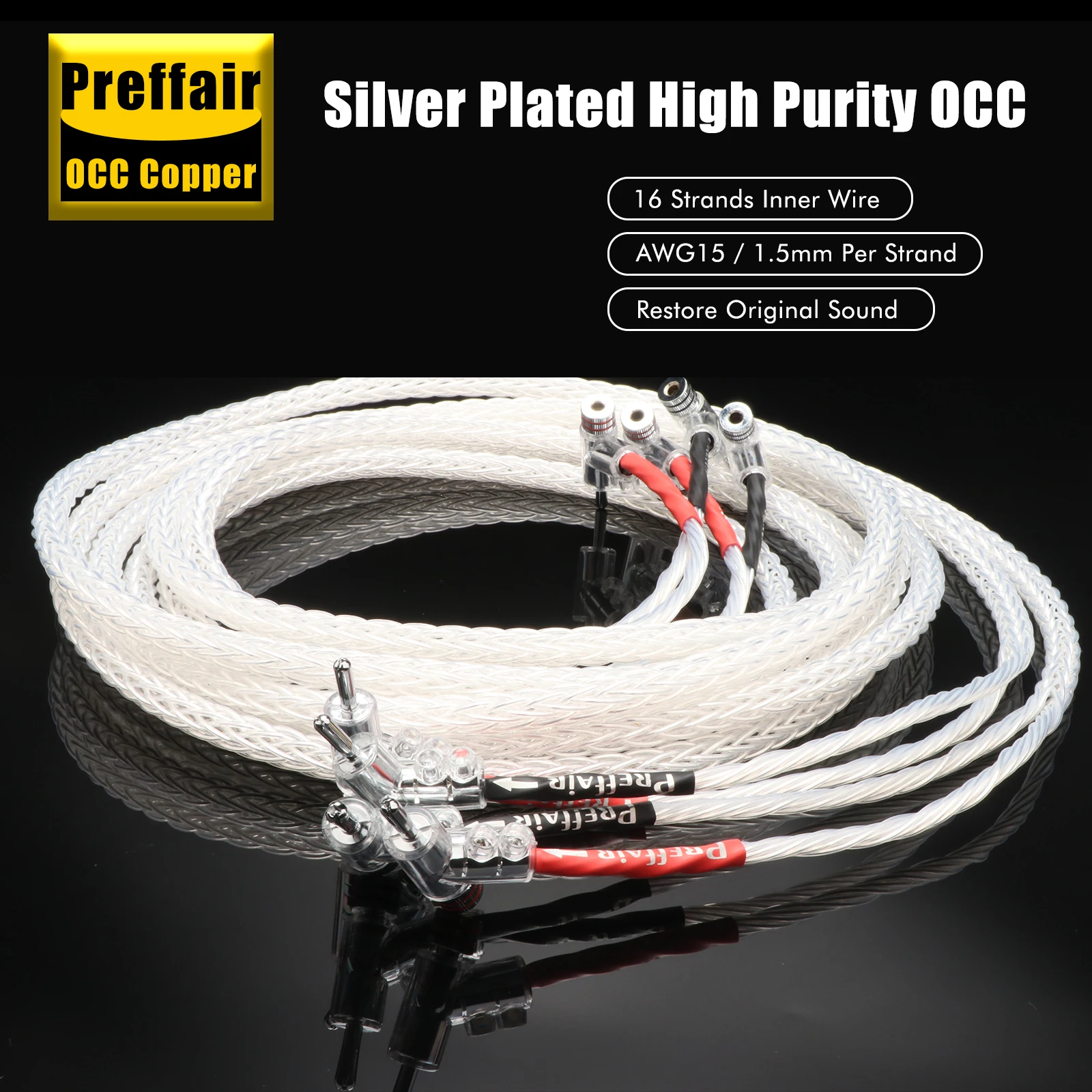 Preffair HI-End 8AG silver Plated HIFI LoudSpeaker Cables with Rhodium Locking Banana plugs 1 Pair for Speakers/Subwoofers/Amp