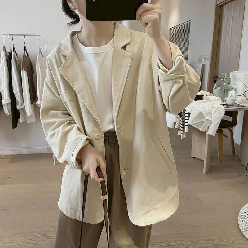 Cotton Blazers for Women Long Sleeve Casual Jackets Korean Style Outerwears Vintage Oversized Solid Workwear Coats Women Tops