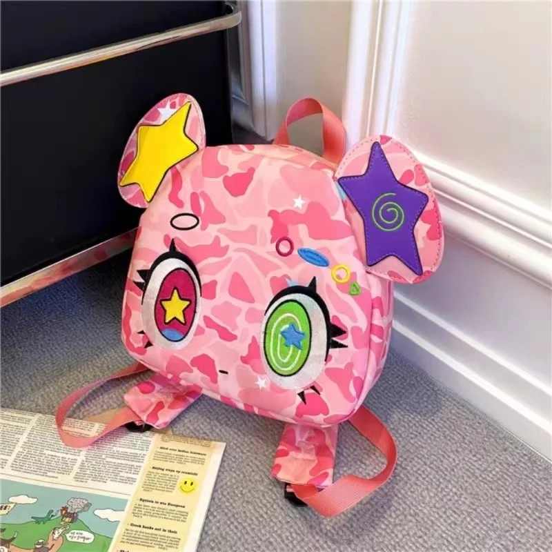 Pink Bear Backpack Y2K Waterproof PU Leather Schoolbag Girl Cartoon Box Kawaii Bookbag Anime Camouflage Cute Travel Shoulder Bag