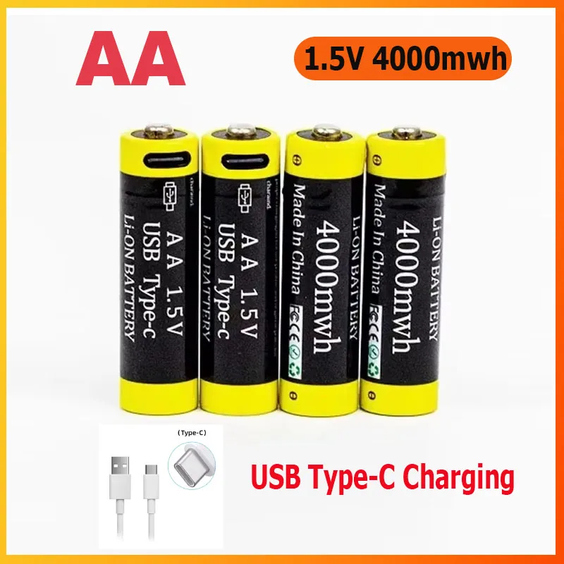 New 1.5V Li-ion AA Rechargeable Battery 4000mWh USB Type-C Charging AA Lithium Battery 2A Cell for MP3 Player Thermometer RC Toy