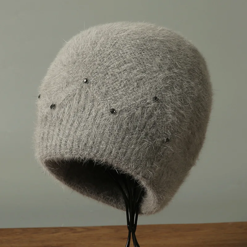 الأنجورا قبعة المرأة الشتاء متماسكة قبعة حجر الراين طبقات مزدوجة عارضة الدافئة التبعي للخريف في الهواء الطلق الرياضة الطقس البارد