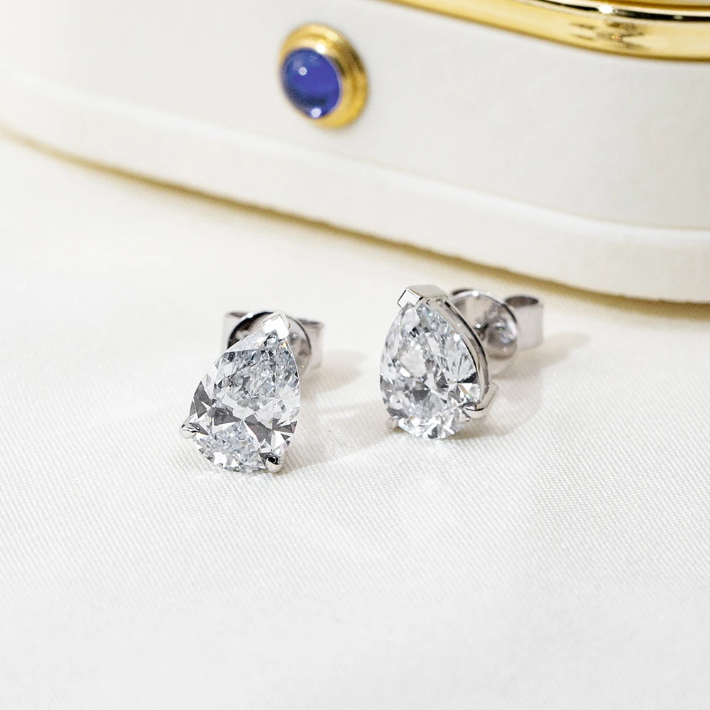 QIBAOKU 1CT Pear Shape Lab Grown Diamond 9K White Gold Stud Earrings For Women In Stock Support Diamonds Customization 2026