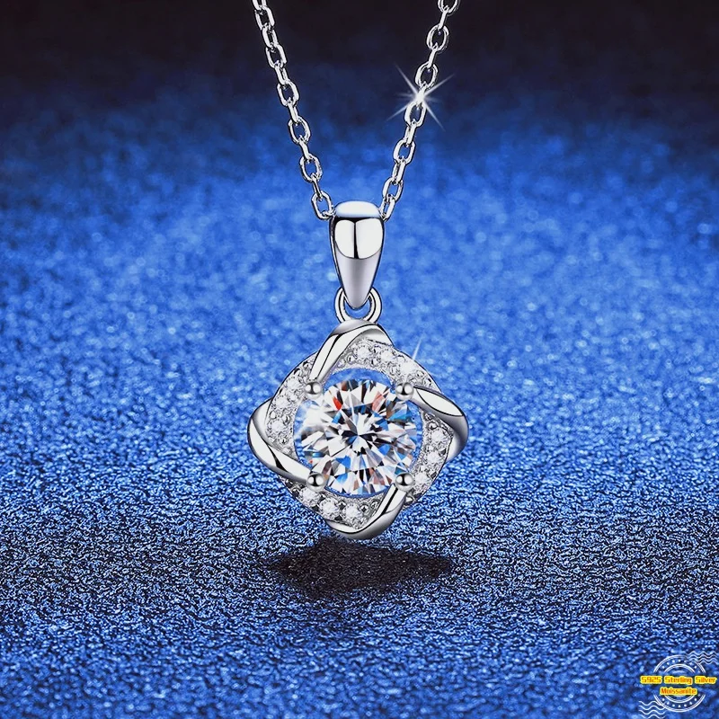 1.0ct Moissanite S925 Silver Necklet Pendant for Women Plated Platinum Rotating Windmill Charm Necklace Valentine's Day Gift