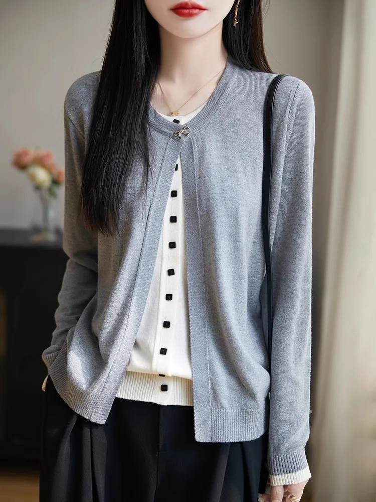 Korean Sle round Ne Knitted Open Cardigan Women's Loose Slimming Top Fake Two-Piece Long Sve Regular Length Buttoned