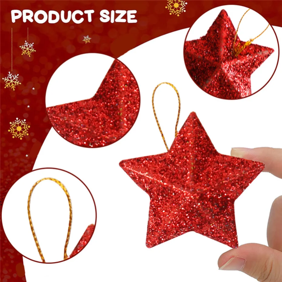 6/12 Pcs 5x5cm Christmas Tree Mini Gold Powder Star Decor Pendant Navidad Christmas Ornament Xmas Party DIY Crafts Accessories