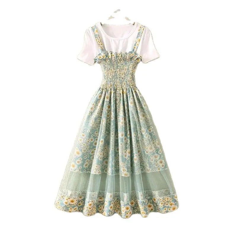 

Sweet Floral Fashion Dress Female 2024 Summer New Short-Sleeved Junior High School Students Elegant Dress With Suspenders Suit.