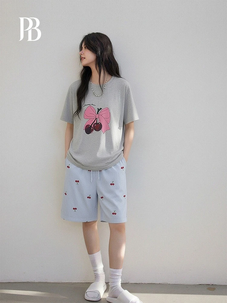 

Pinkbread Knot Cherry Summer Lightweight Short Sleeve round Neck Soft Modal Sleepwear Home Clothes for Women