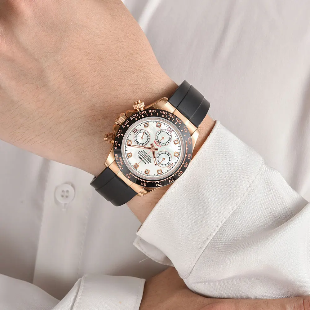 Reloj de pulsera para hombre de oro rosa de 39mm, movimiento VK63, cronógrafo de cuarzo, cristal de zafiro, caucho, reloj de pulsera personalizado de lujo para hombres de negocios