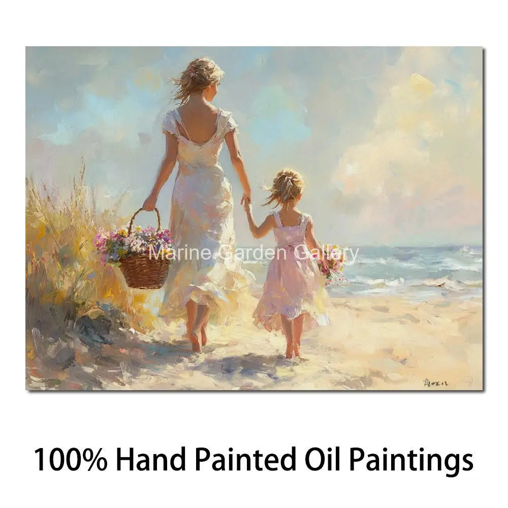 

Modern Beach Art Canvas Oil Painting Hand Painted Mother and Child Impressionism Figure Artwork Cafe Bar Wall Decor Large Gift