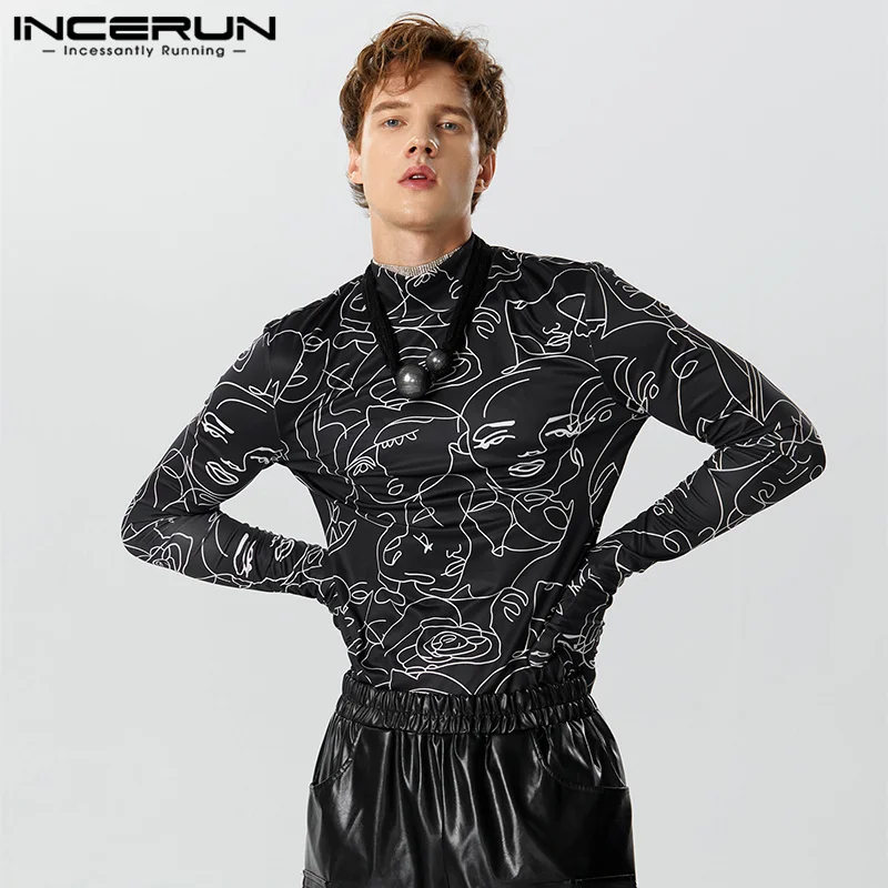 Men T Shirt Printing Turtleneck Long Sleeve Gloves Autumn Casual Men Clothing Fitness 2023 Streetwear Fashion Undershirt INCERUN