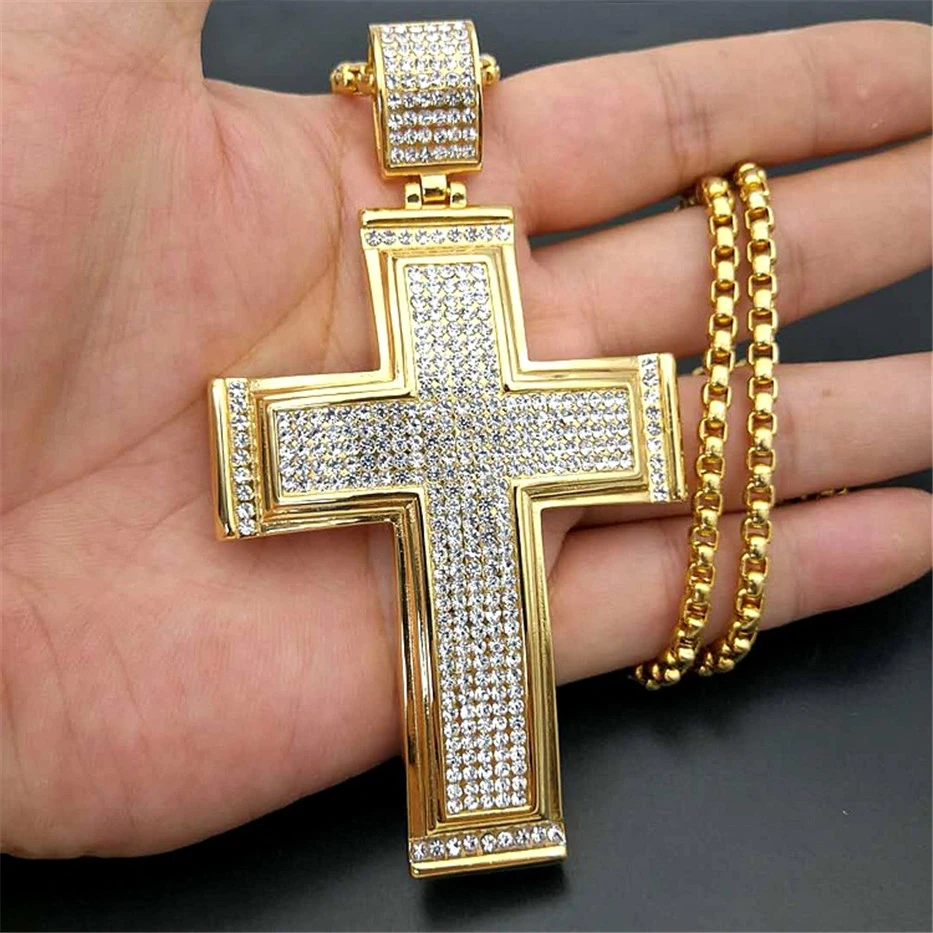 Hip Hop Iced Out Big Cross Pendant Necklace For Men Gold Color Stainless Steel Rhinestone Necklace Hiphop Christian Jewelry