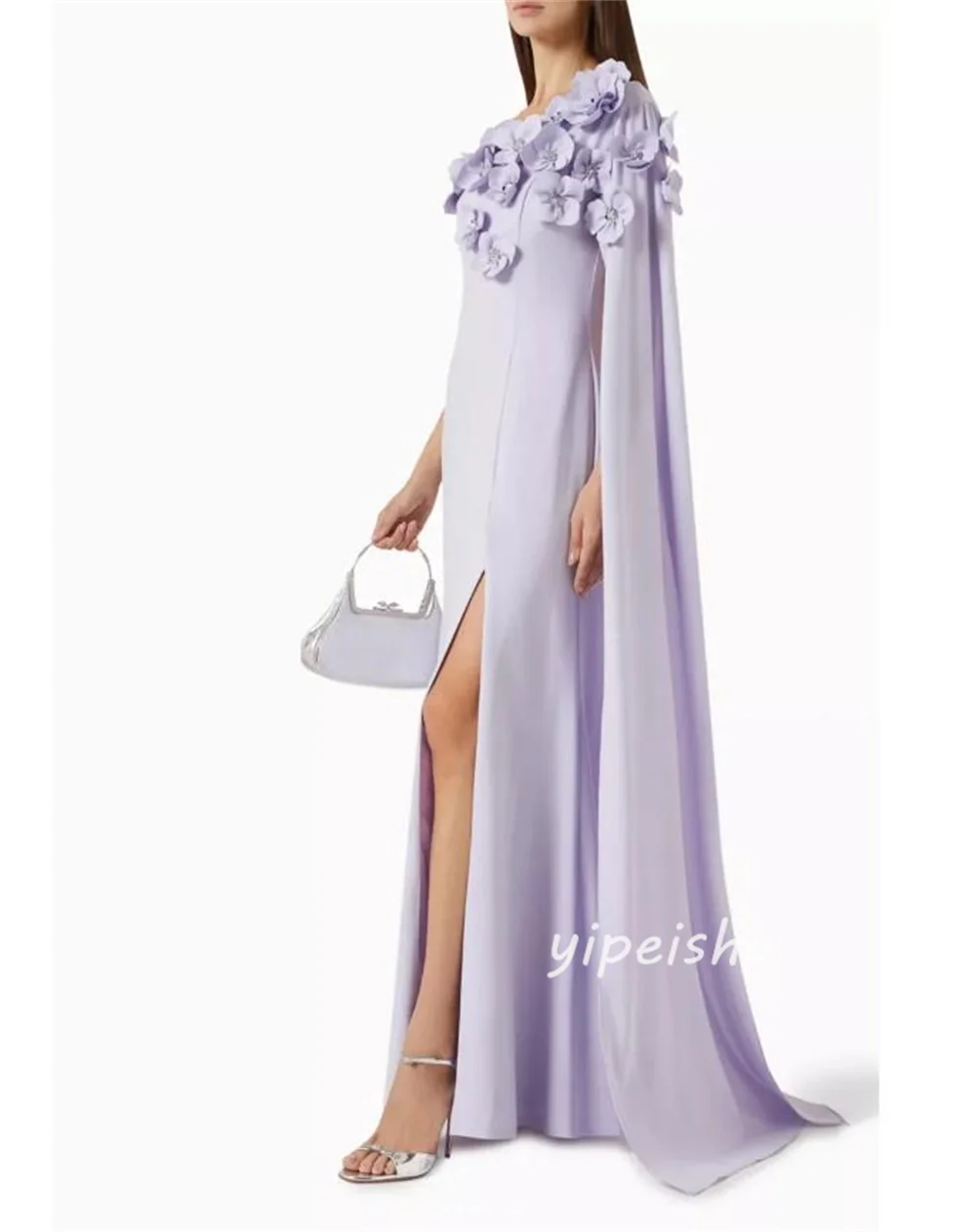 Customized Purple Intricate Matching Jersey Handmade Flower Pleat A-line One-shoulder Long Dresses Evening Dresses for Woman