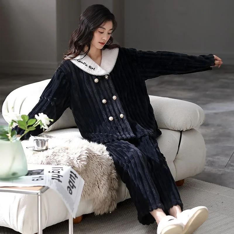 2024 New Coral Velvet Pajamas Women Autumn Winter Thickened Plush Loungewear Jacquard Flannel Warm Double Breasted Homewear