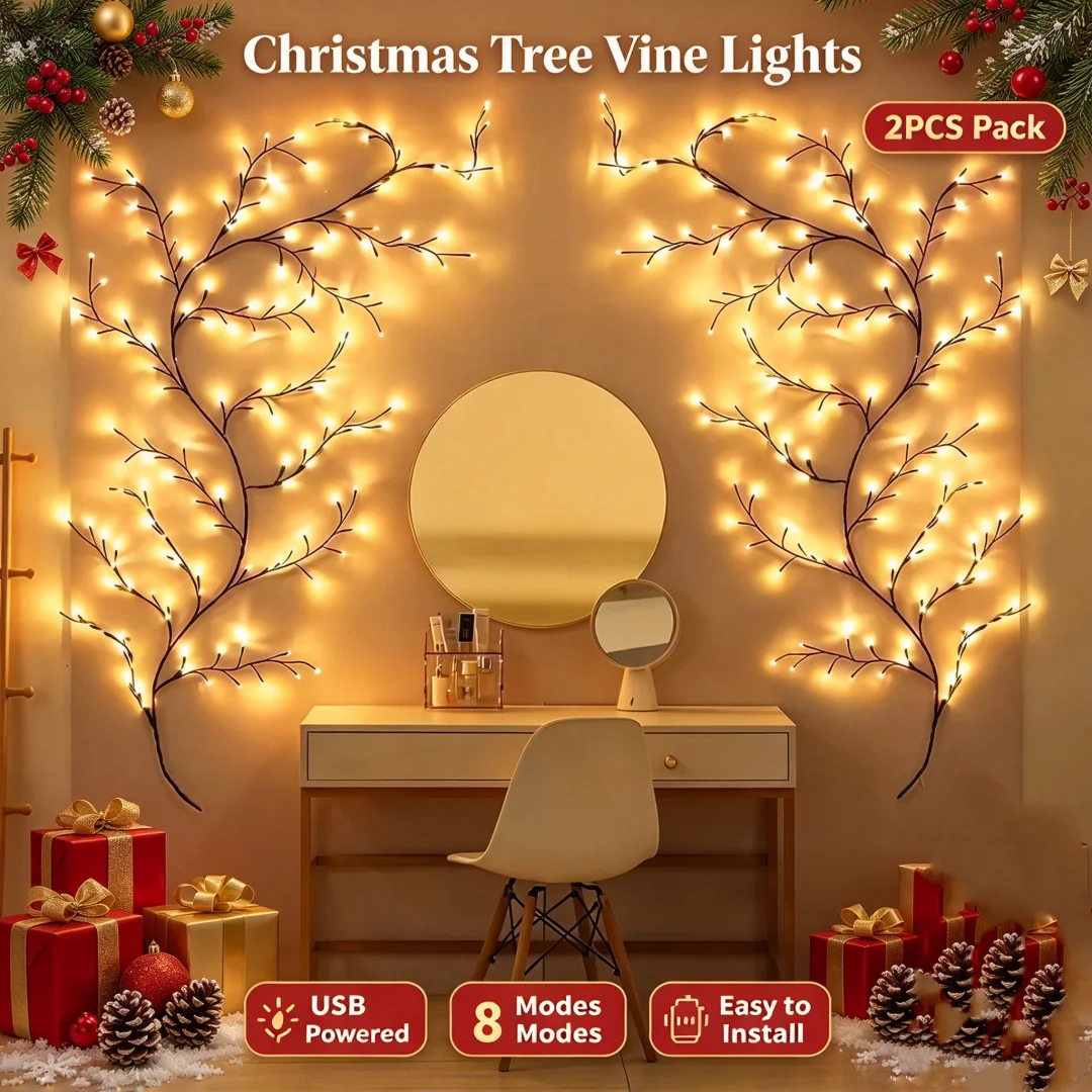 2/4/8Pcs Bendable Tree Branch Vine LED String Lights USB Powered 8 Modes Artificial Twig Fairy Light with Remote Control for Home Wall Bedroom Hanging Room Wedding Indoor Holiday Christmas Decoration