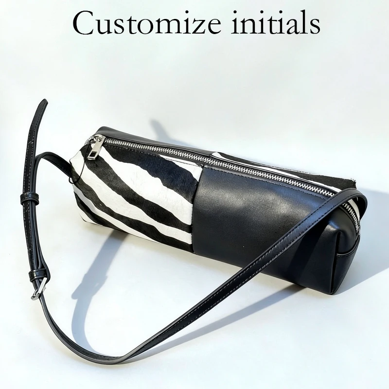 Customize Initials Leather Cylindrical Bag For Women Luxury Designer Handbag Purse 2026 New In Calf Hair Panel Underarm Shoulder