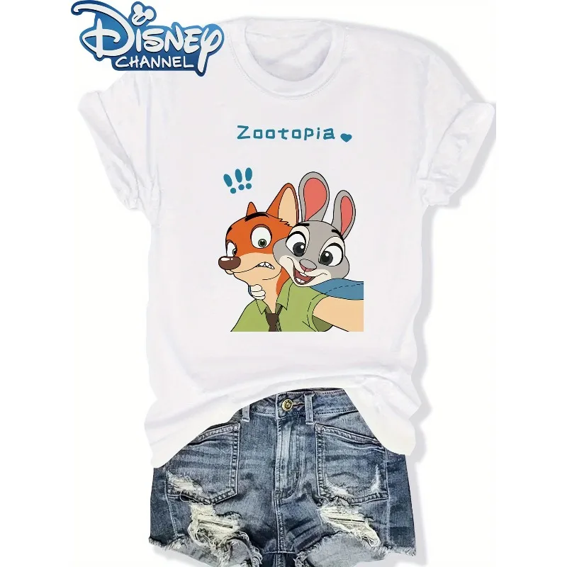

Disney Zootopia Judy Hopps and Nick Wilder White T-shirt Judy and Nick Pattern Short Sleeve Soft and Comfortable Daily Top