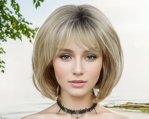 Bob Cut Natural Synthetic Hair Wigs for Women Lady Blonde Wigs with Bangs Daily Dress Party Adjustable Cap Size Heat Resistant