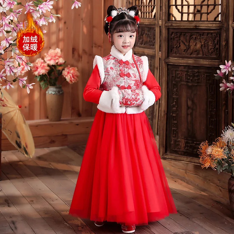 

Children Hanfu Winter Quilted Thicken Warm Long Sleeve Cheongsam Vintage Handmade Embroidery Costumes 2023 New Year Clothing