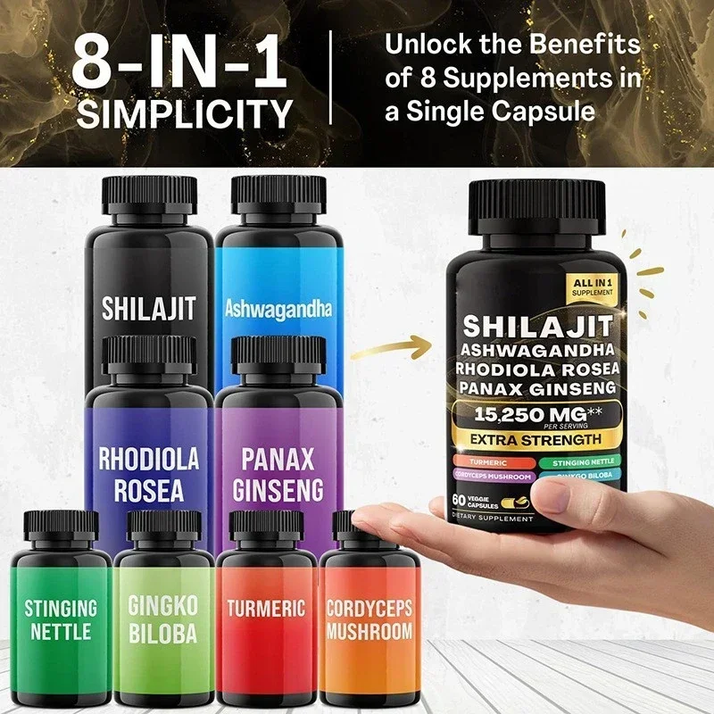 15250 мг чистые гималайские капсулы Shilajit с женьшенем Маки Ashwagandha куркума, энергетическая добавка для массы мышц, выносливость