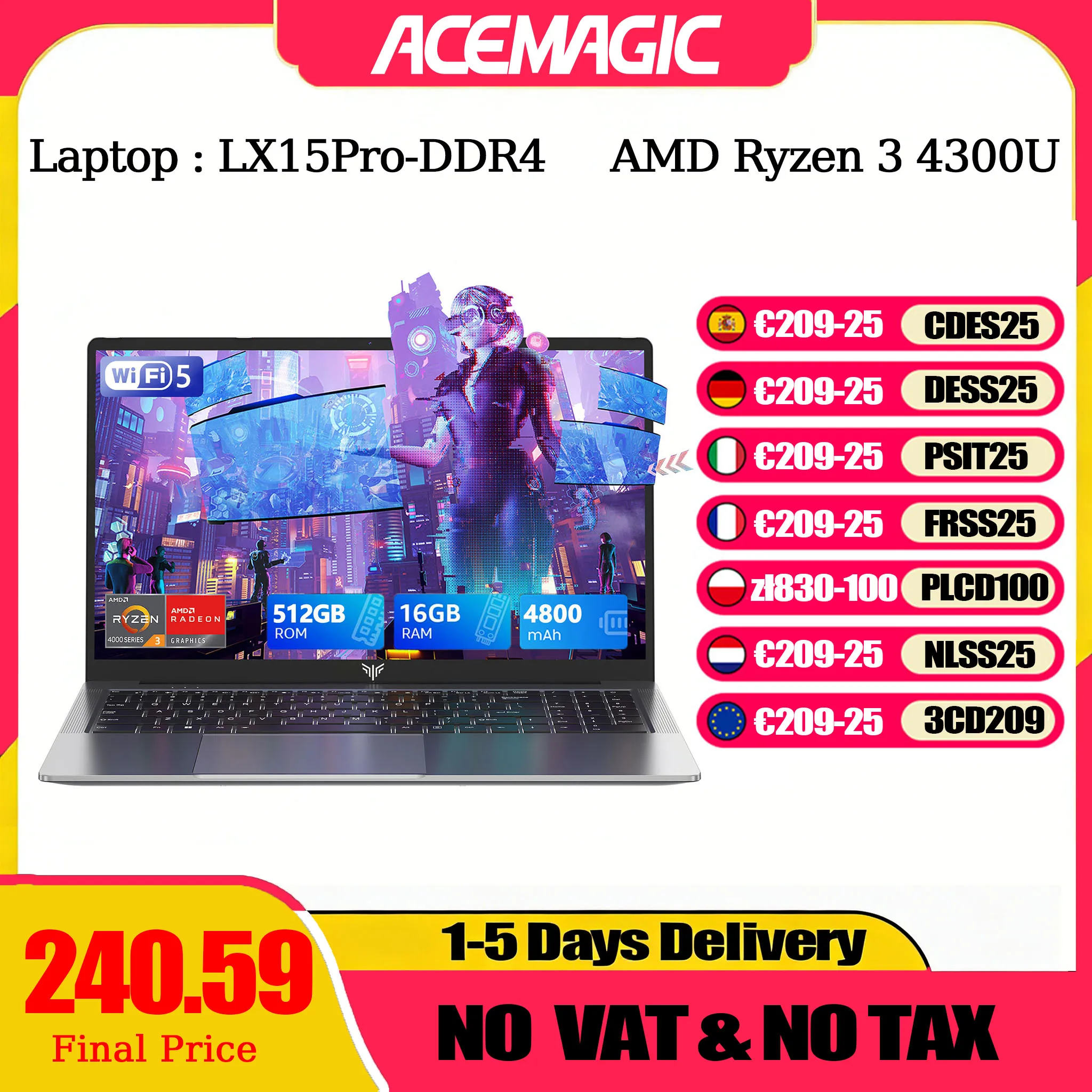 ACEMAGIC LX15Pro ordenador portátil AMD Ryzen 3 4300U Windows portátil 15,6 pulgadas IPS 16GB DDR4 512GB NVMe SSD teclado numérico