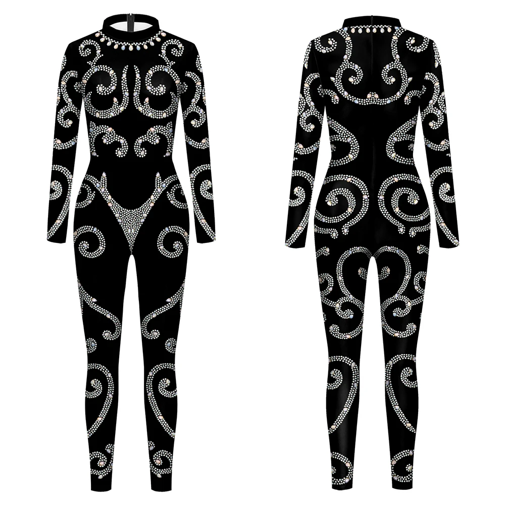 VIP FASHION Huidskleur Strass Print Jumpsuit voor Vrouwen Elegante Zentai Body Lady Festival Catsuit Cosplay Party Kostuum