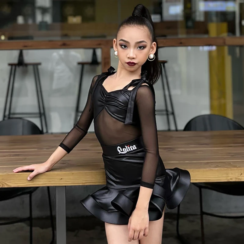 Kinder Mädchen Lolita Latin Dancewear Langarm Mesh Body Schnüroberteil und Latexröcke Bühnenaufführung Tanzkleidung