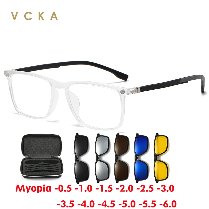 VCKA 6 In 1 Sports Myopia Glasses With Magnet Clips Sunglasses Men Women Square Prescription Glasses Custom Eyewear -0.5 To -10