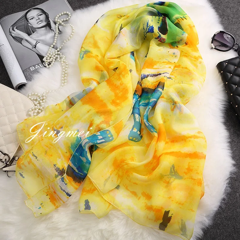 黄色の水墨画ロングシルクスカーフ女性用ショール多用途季節限定ファッショナブルな韓国風装飾シルクスカーフすべての年齢層向け