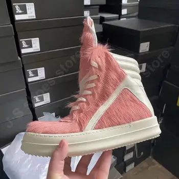Ricks Classic Design Men Owens shoe Horse Hair Women High Top Sneaker Pink Horsehair With White Leather Outside Sneakers Shoe