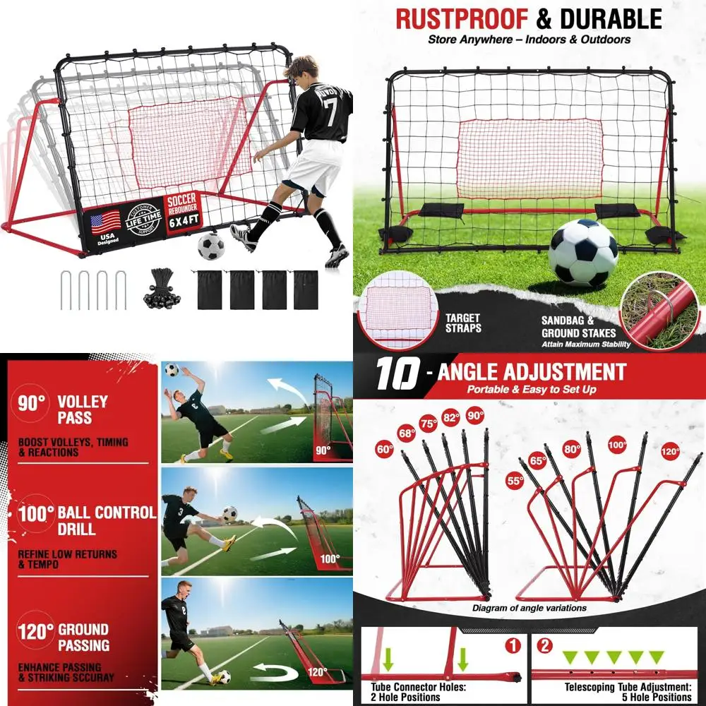 

Футбольная тренировочная сетка с 10 регулируемыми углами, 6x4 фута для управления мячом, пропускания и волейной практики, простая настройка и хранение